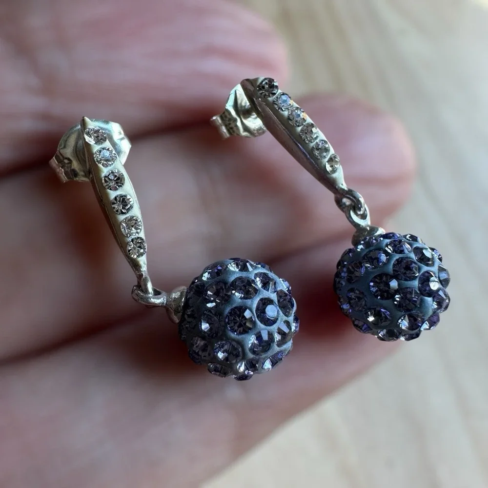 AU Stud Post Earrings‎ 0.9 Inch Ball Dangles Pave CZ Tanzanite 925 Sterling 2.3g